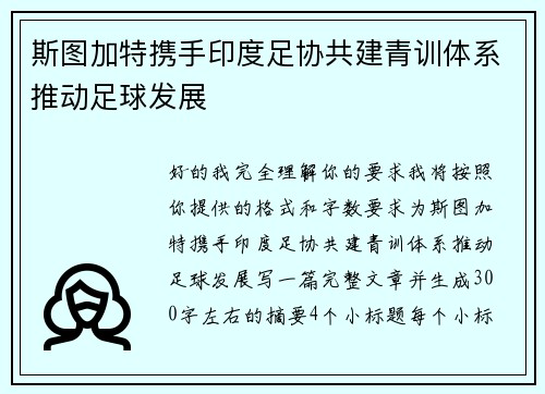 斯图加特携手印度足协共建青训体系推动足球发展 斯图加特携手印度足协共建青训体系推动足球发展